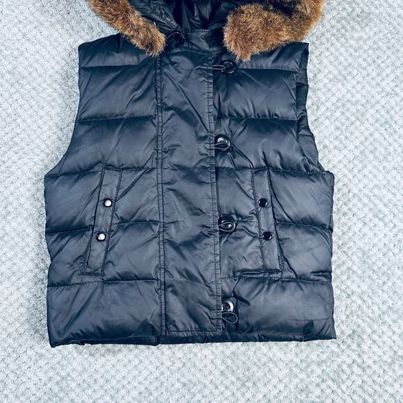 Vintage GAP Black Y2K Puffer Coat Fur Hood Cropped Babydoll 75% Down Warm - Picture 3 of 7